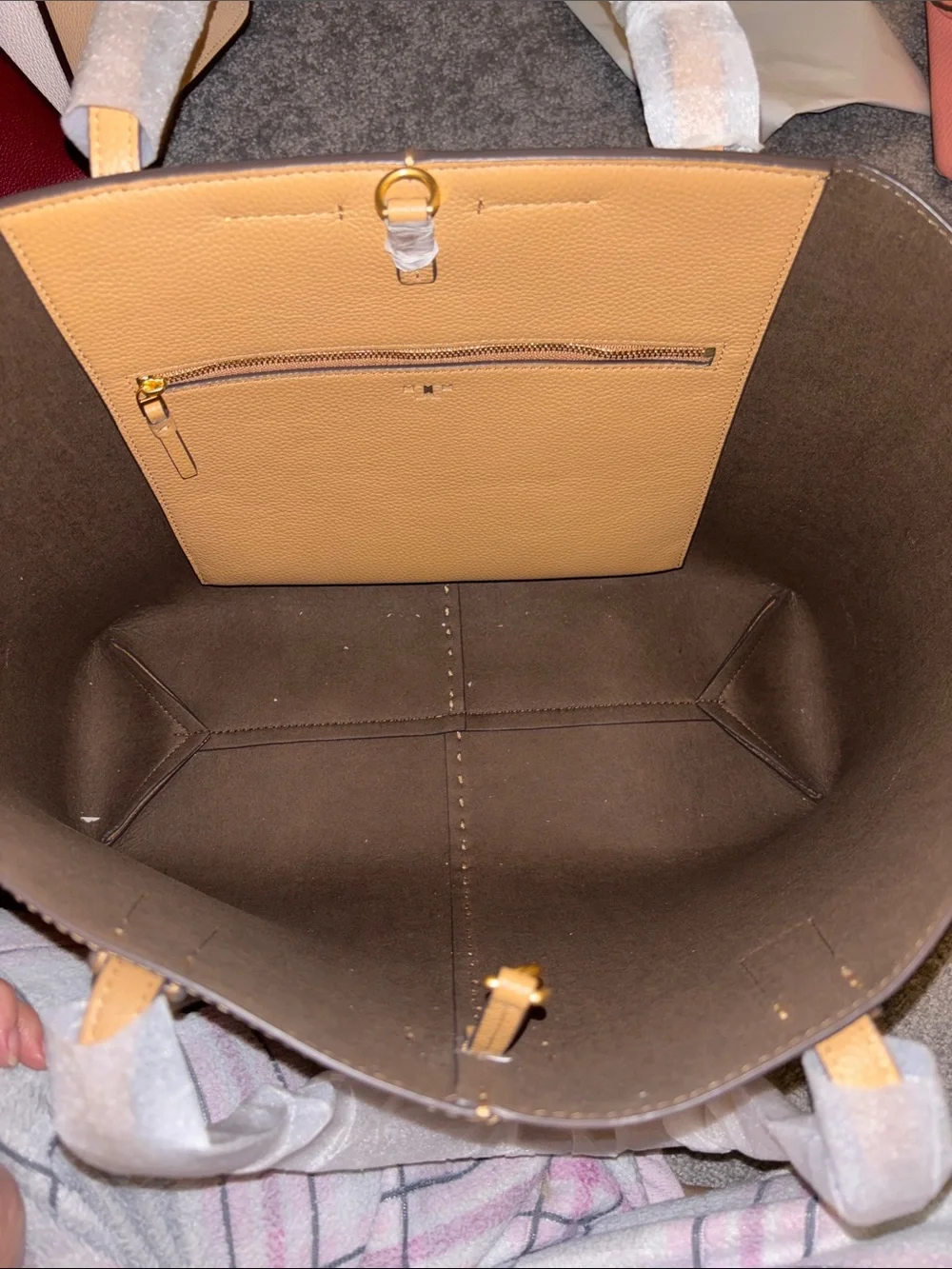 Tory Burch Camel Tan Pebbled Leather Tote with Logo